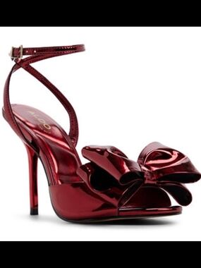 Aldo Metallic Red Bow Ankle-Strap Stiletto Sandals Size 6.5